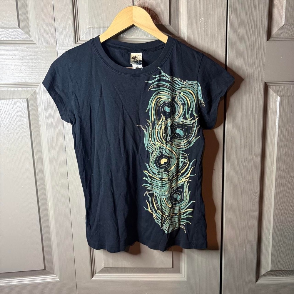 Split Womens Y2K Peacock Feather Graphic T-Shirt Black Skater Surf Tee Size M